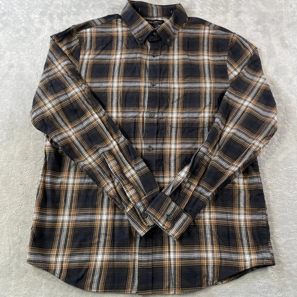 Banana Republic Shirt Untucked Fit Mens Large Black Plaid Slim Fit Preppy Office